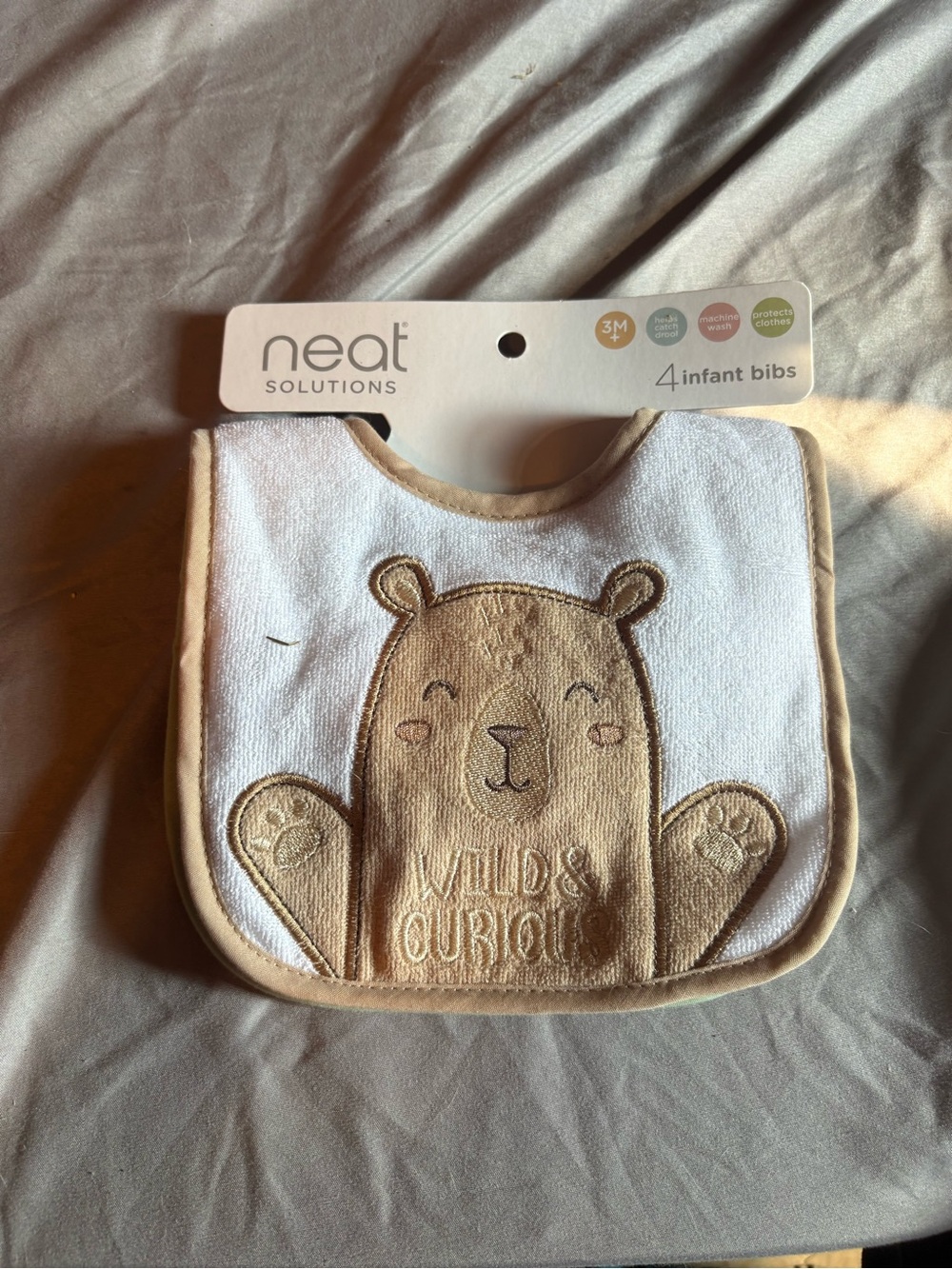Beige & White Baby Bib with Bear Embroidery